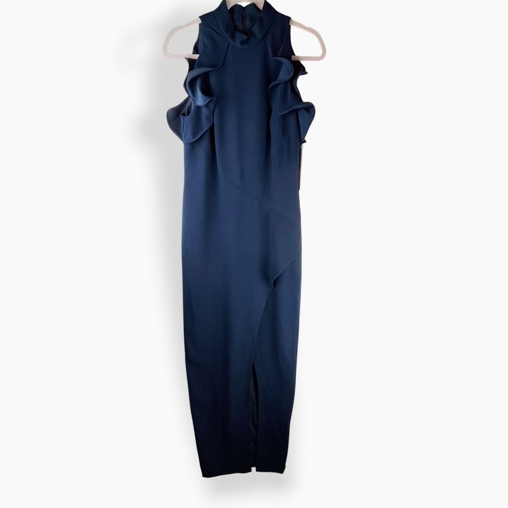 ML Monique Lhuillier Blue Evening Dress Gown Sz 8 Floor Length Ruffle Sleeveless